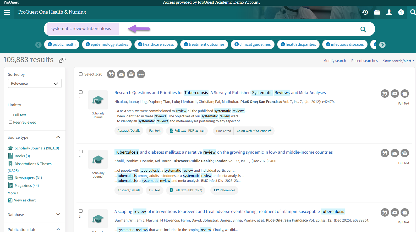 search box with terms "systematic review" and tuberculosis